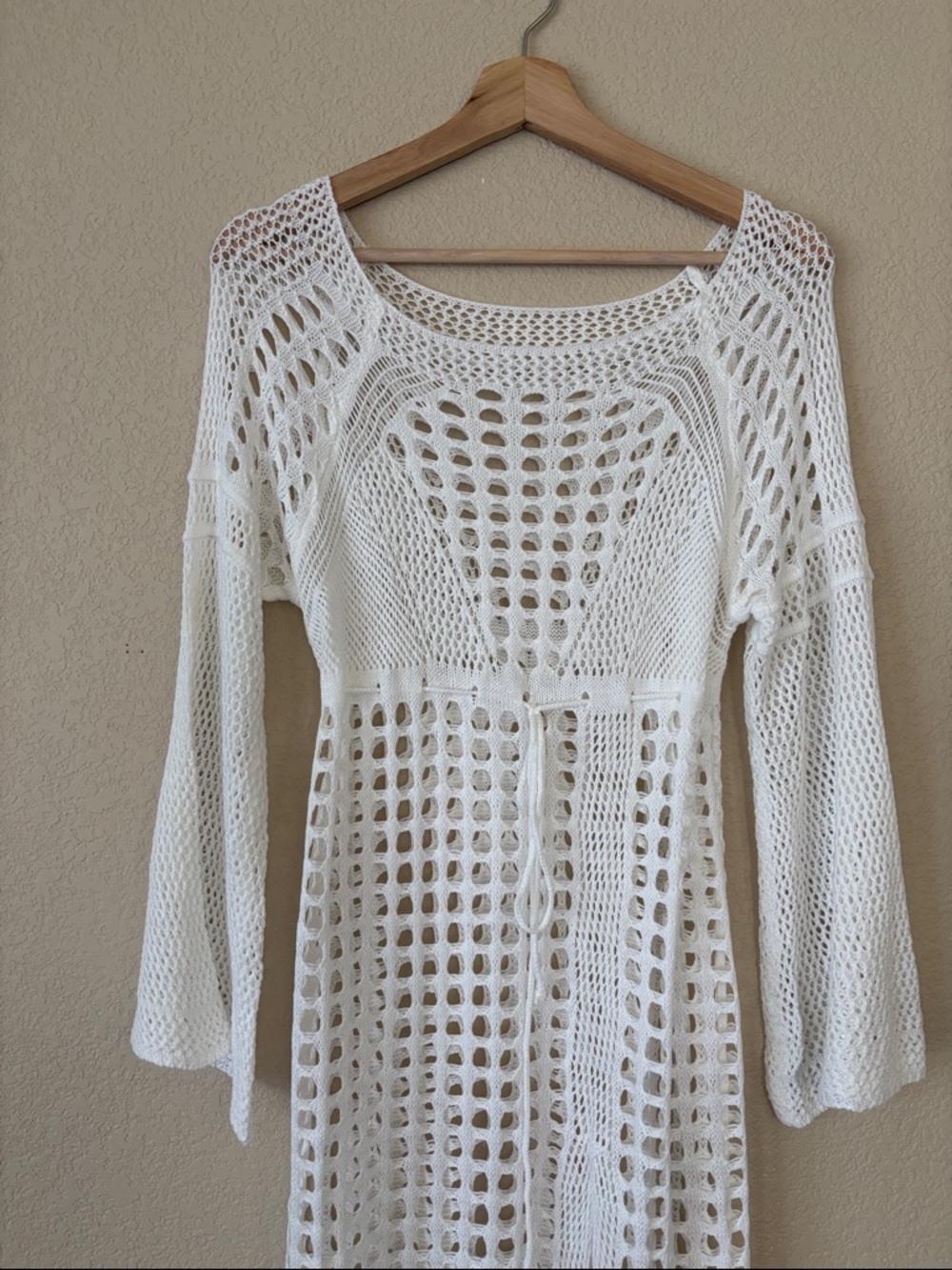 White Crochet Long Sleeve Maxi Cover-Up Dress - Picture 3 of 4